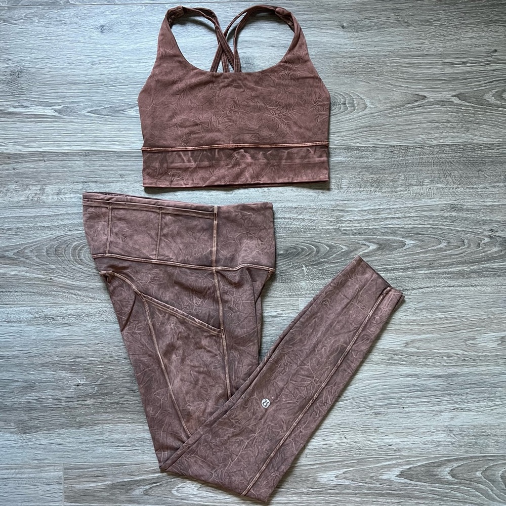 Lululemon Fast and Free Tight II Energy Bra long Line Set Size 4 Ice Wash Brown